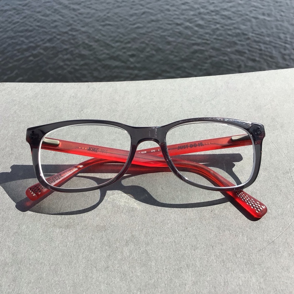 Nike Just Do It 5538 Two-Tone Eyeglass Frames — Gray Front with Red Temples